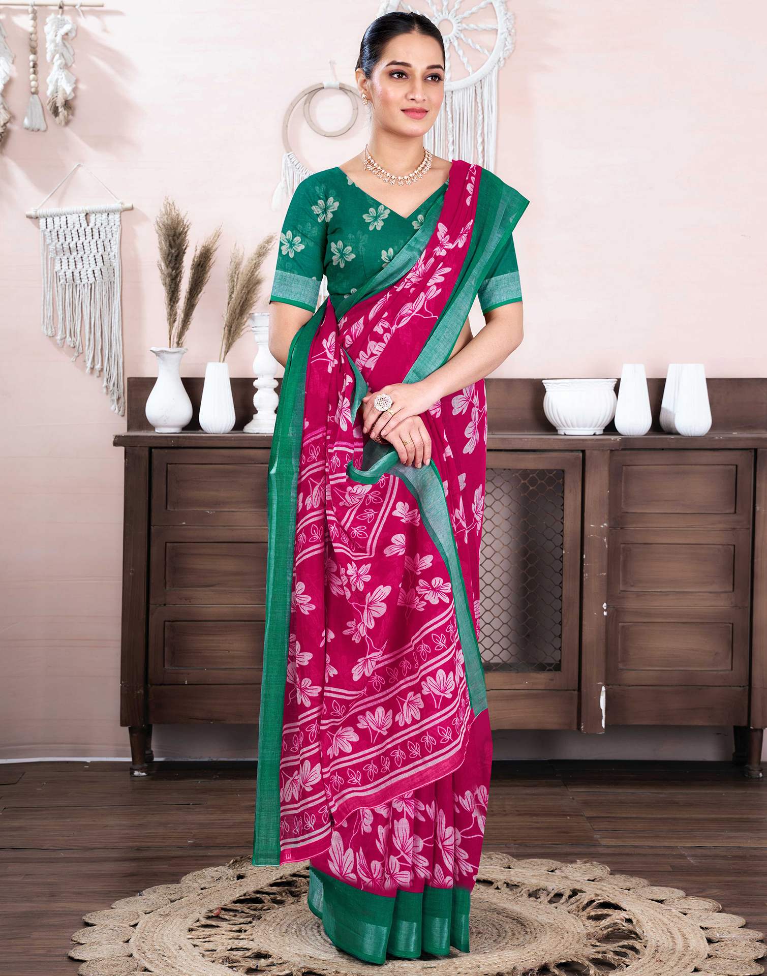 Rani Pink Cotton Linen Floral Printed Saree