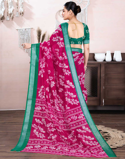 Rani Pink Cotton Linen Floral Printed Saree