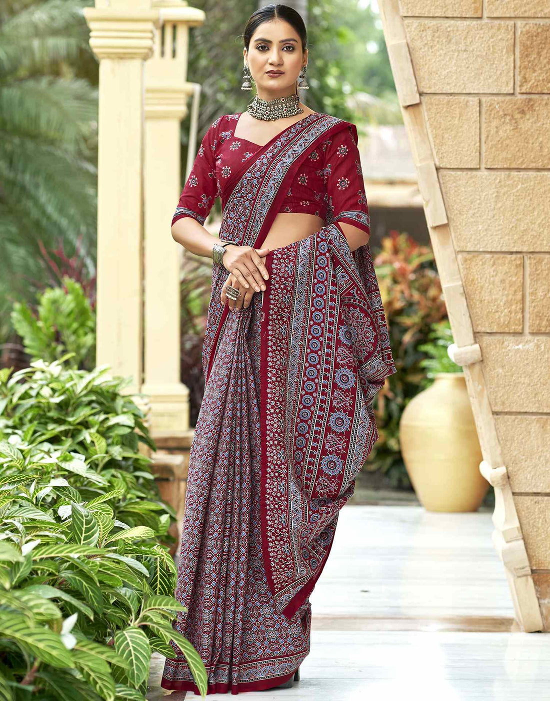 Marron Pure Cotton Printed Saree