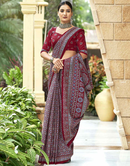 Marron Pure Cotton Printed Saree
