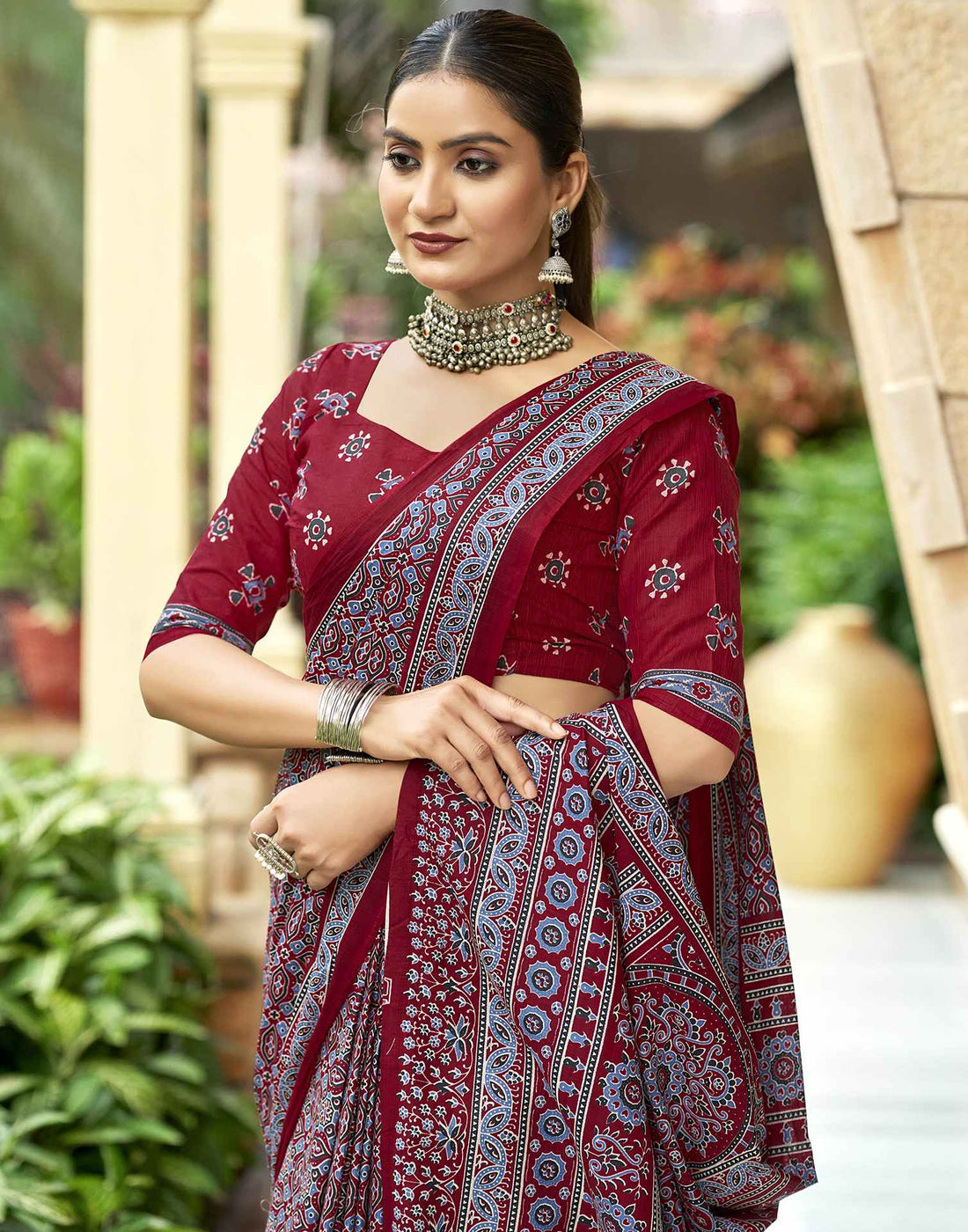 Marron Pure Cotton Printed Saree