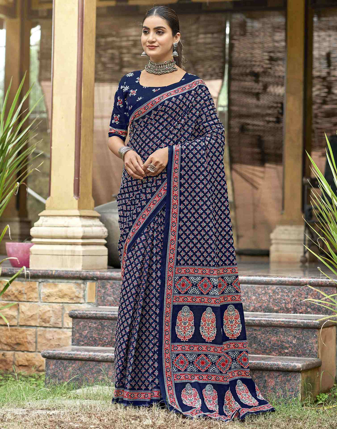 Navy Blue Pure Cotton Printed Saree