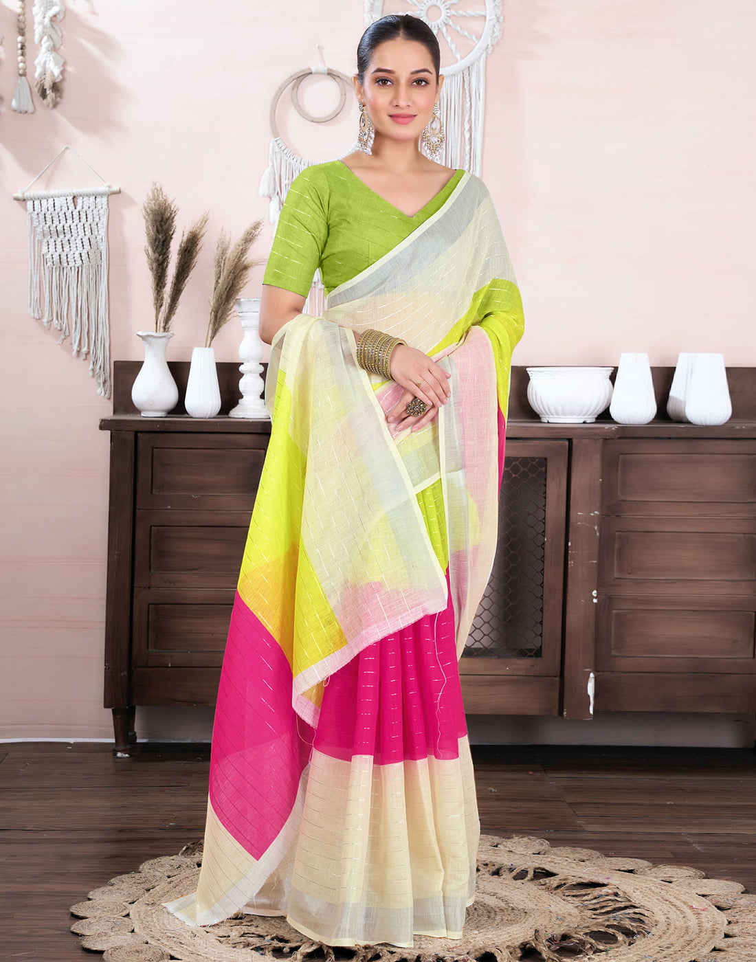 Cream Cotton Linen Top Dyed Printed Saree