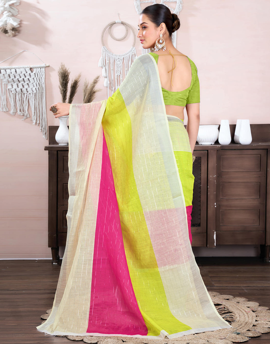 Cream Cotton Linen Top Dyed Printed Saree