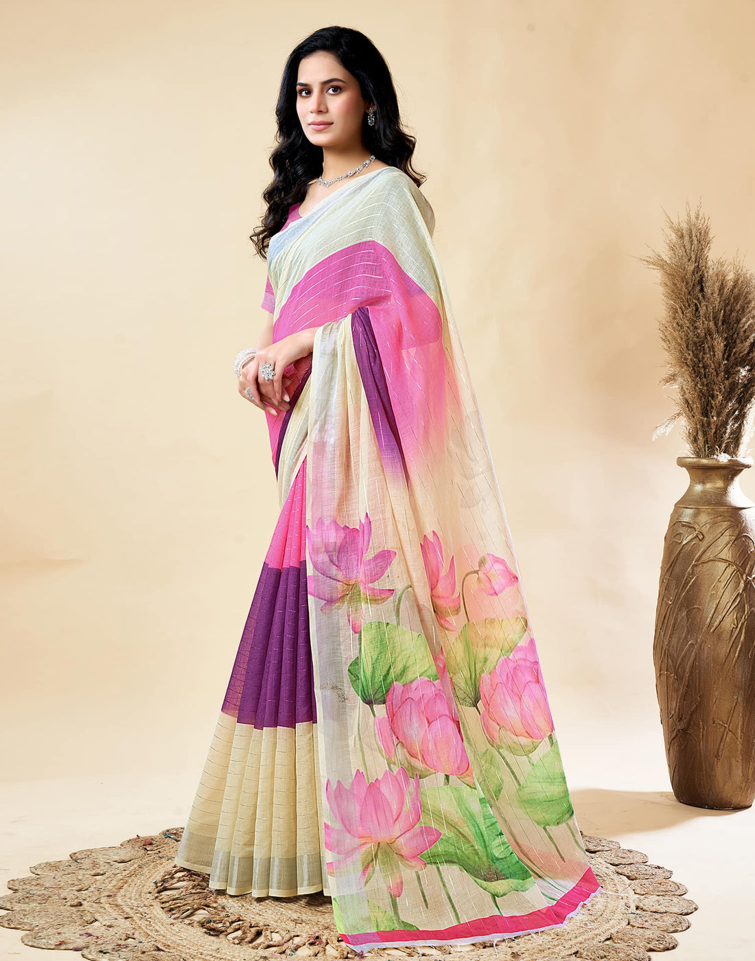 Cream Cotton Linen Printed Saree
