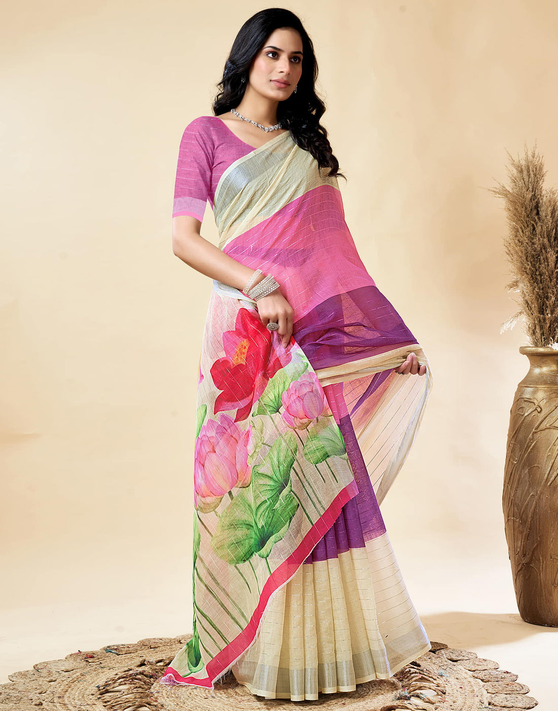 Cream Cotton Linen Printed Saree