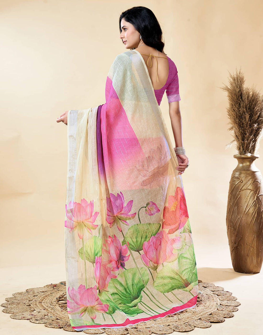 Cream Cotton Linen Printed Saree