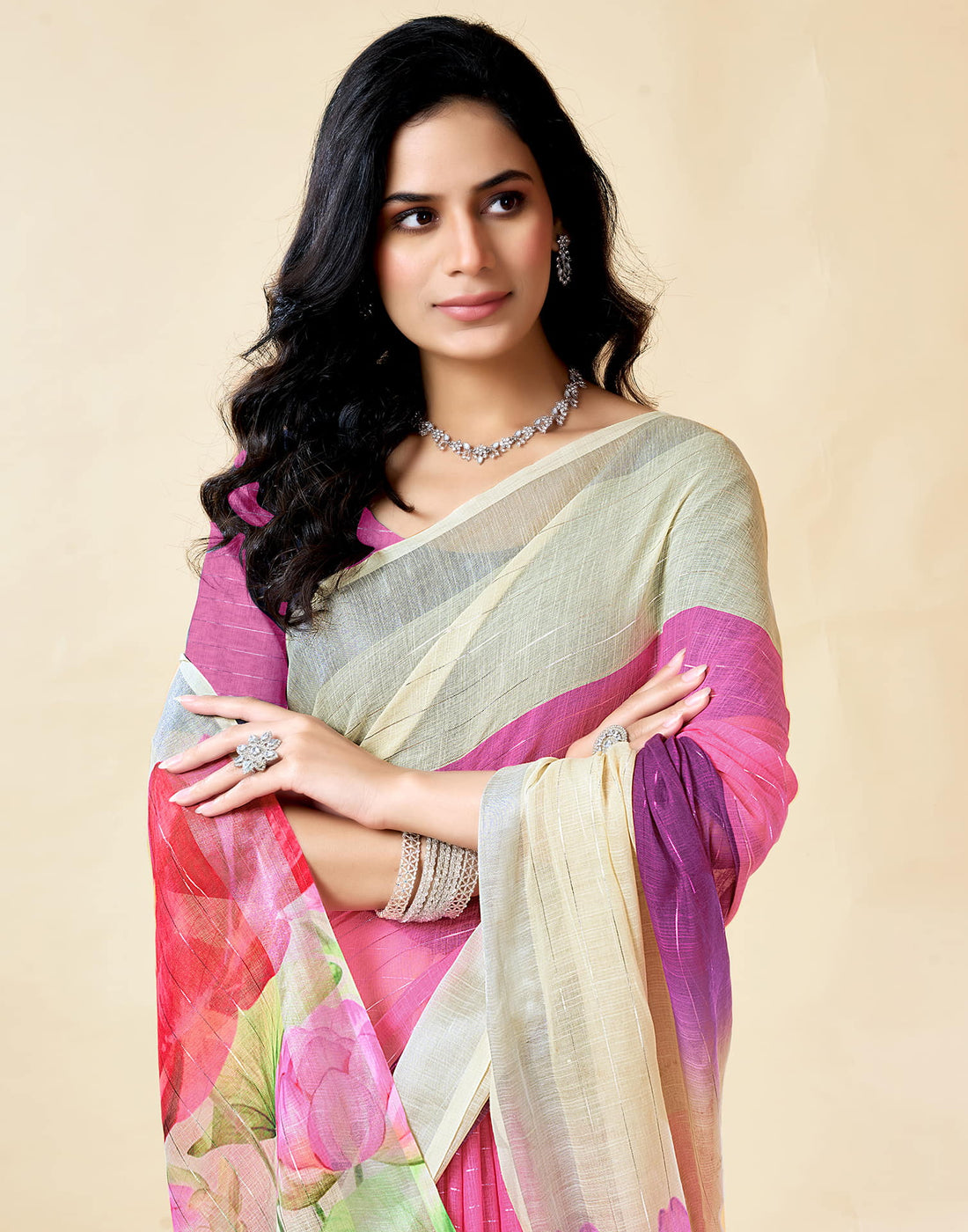 Cream Cotton Linen Printed Saree