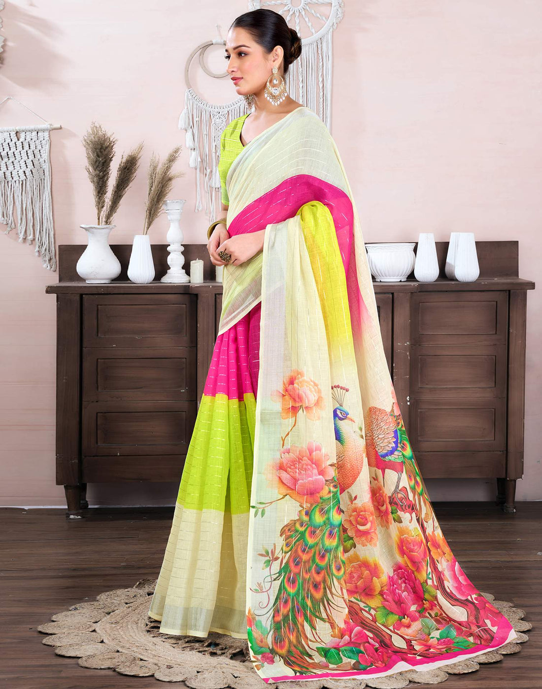 Cream Cotton Linen Printed Saree