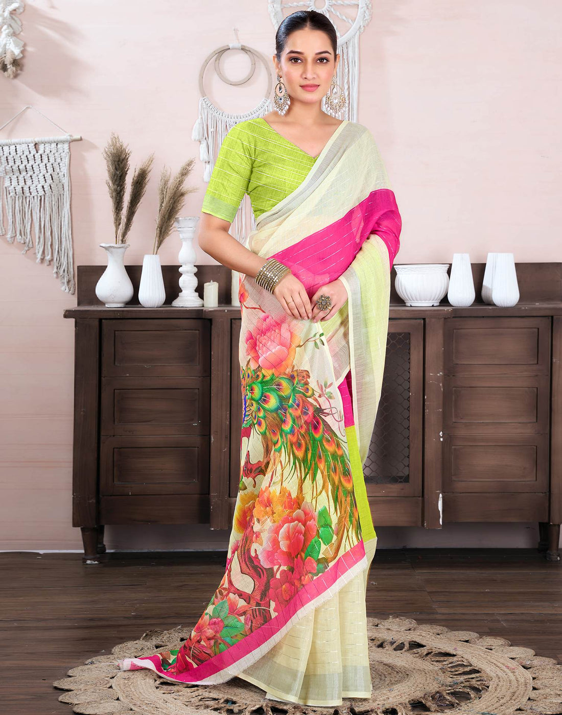 Cream Cotton Linen Printed Saree