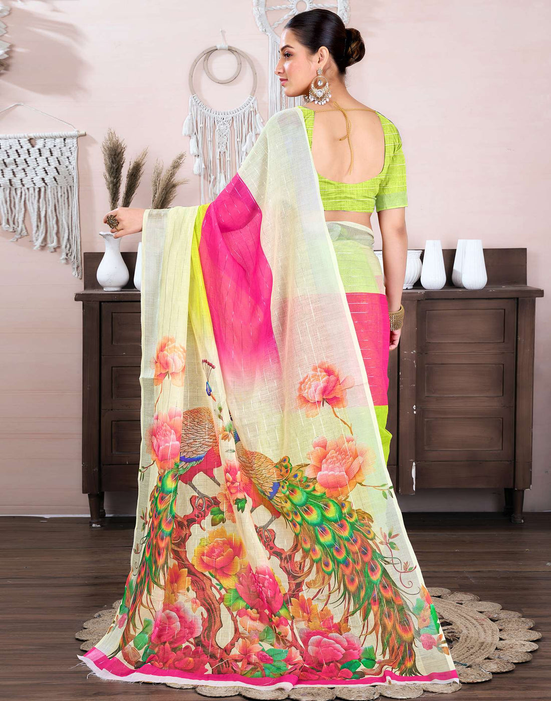 Cream Cotton Linen Printed Saree