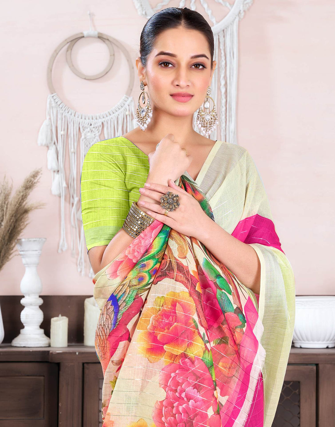 Cream Cotton Linen Printed Saree