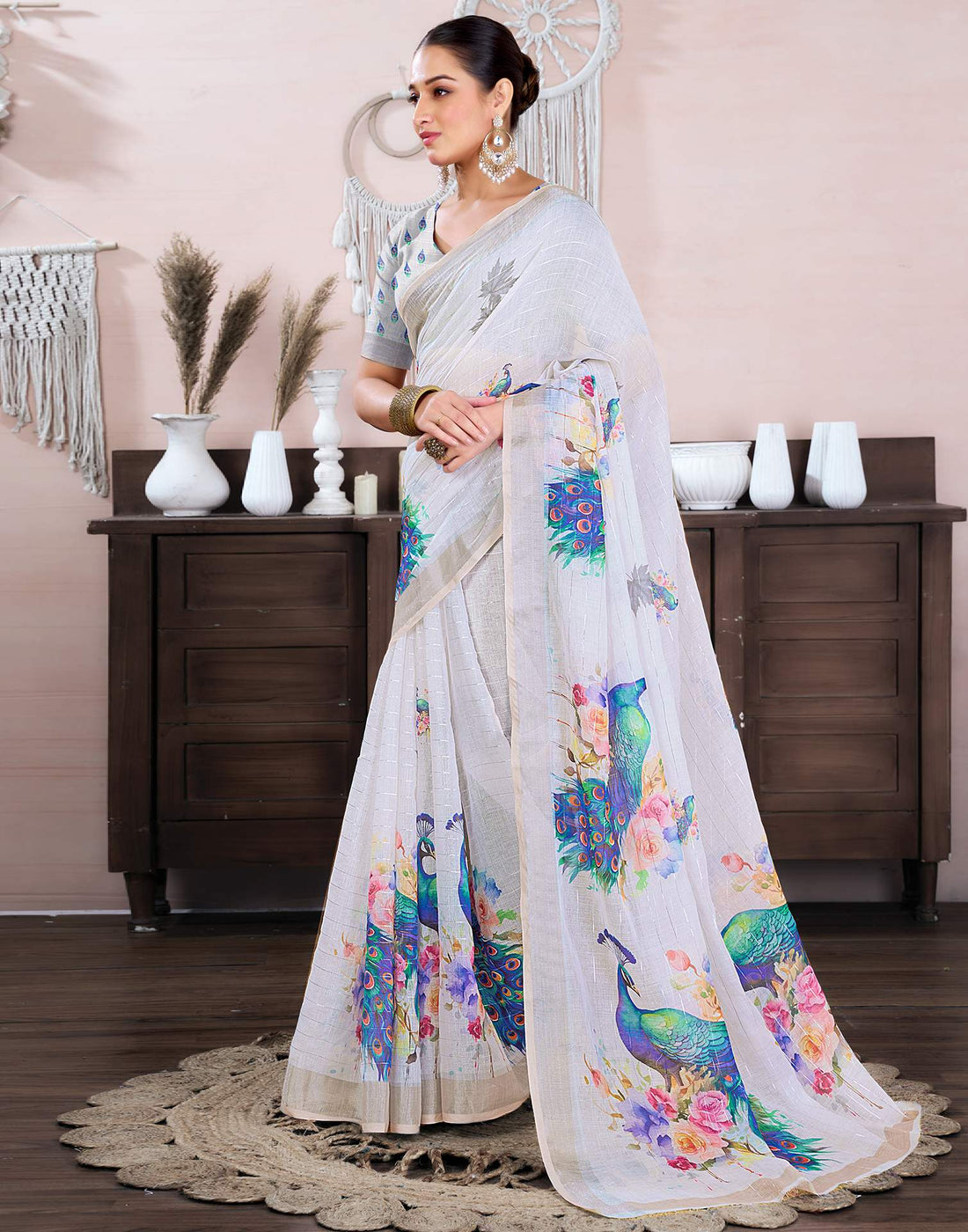 White Cotton Linen Printed Saree