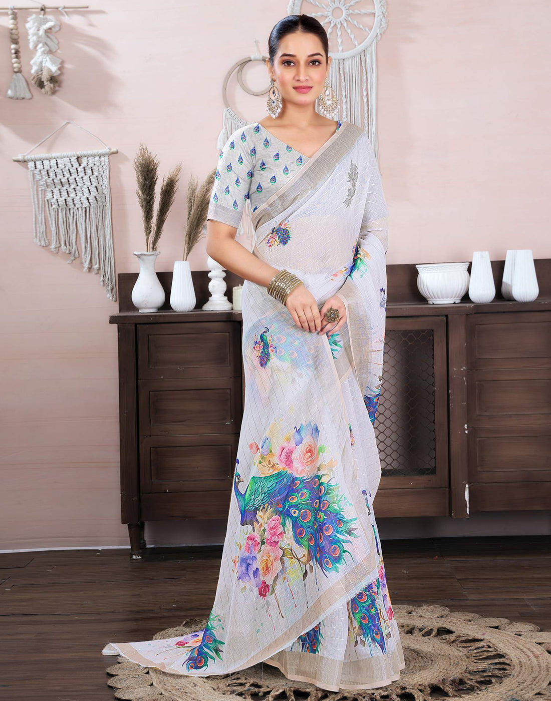 White Cotton Linen Printed Saree