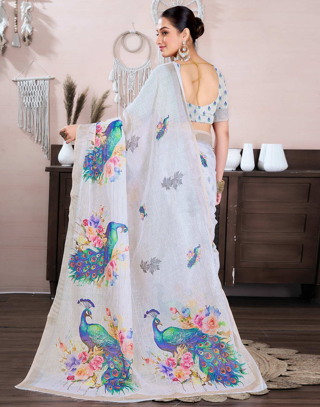 White Cotton Linen Printed Saree