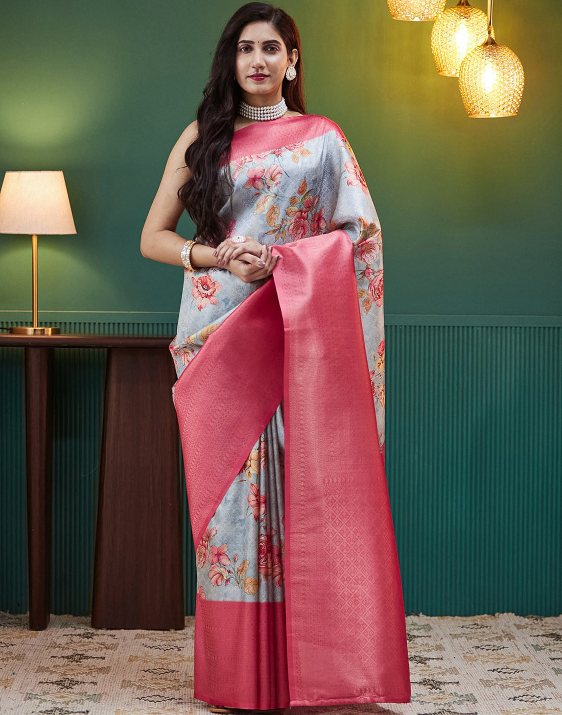 Grey Silk Printed Woven Saree