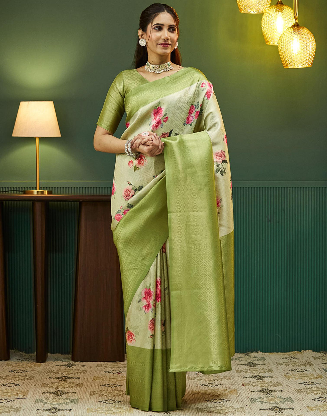 Tea Green Silk Printed Woven Saree
