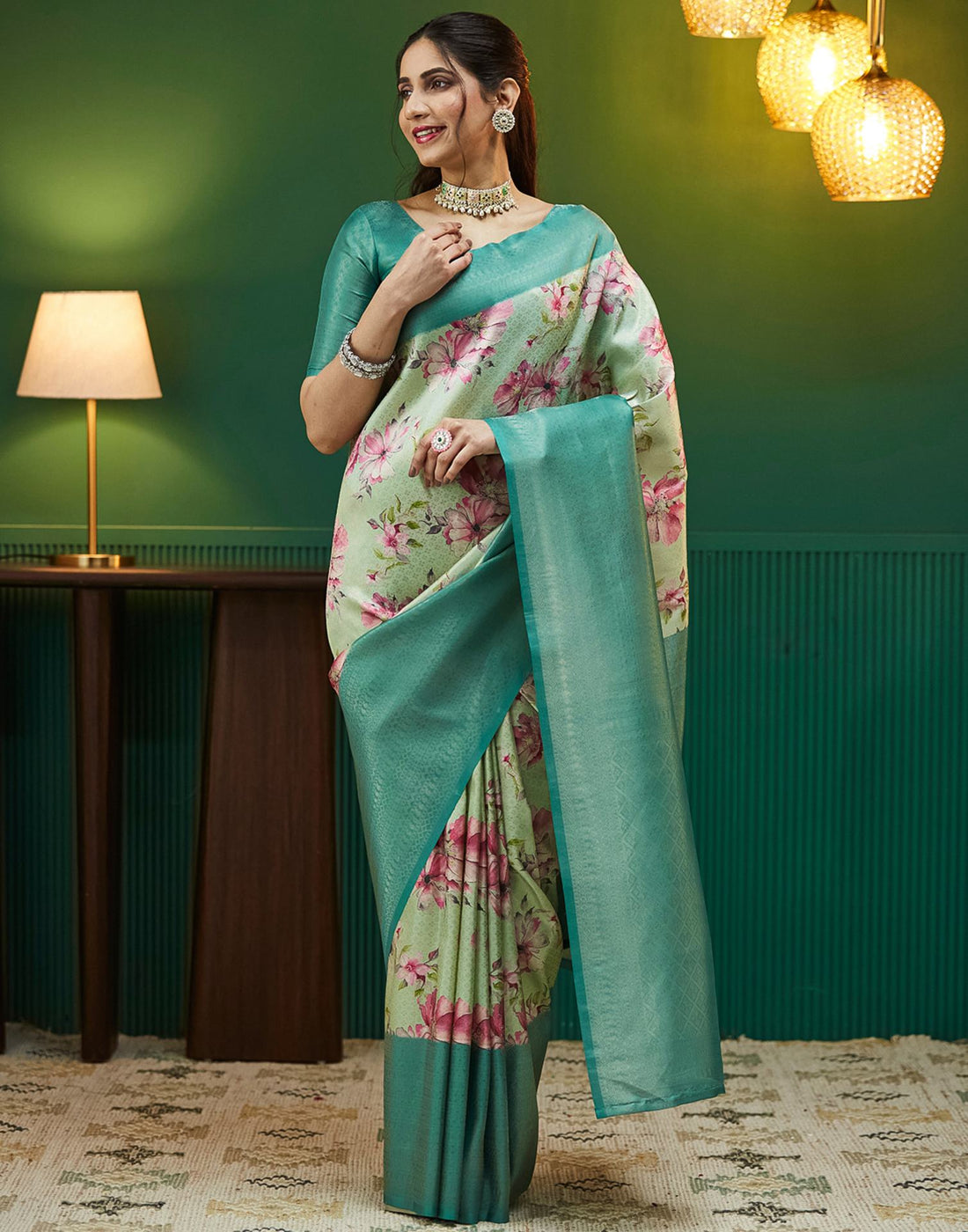 Tea Green Silk Printed Woven Saree