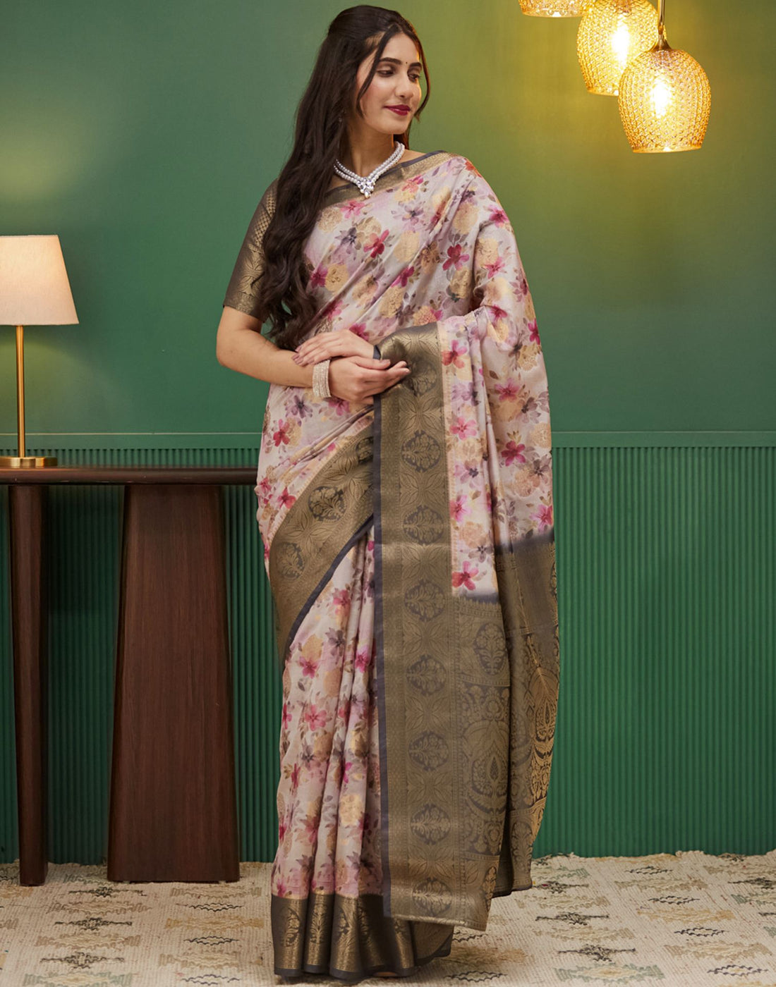 Dark Brown Silk Printed Woven Saree