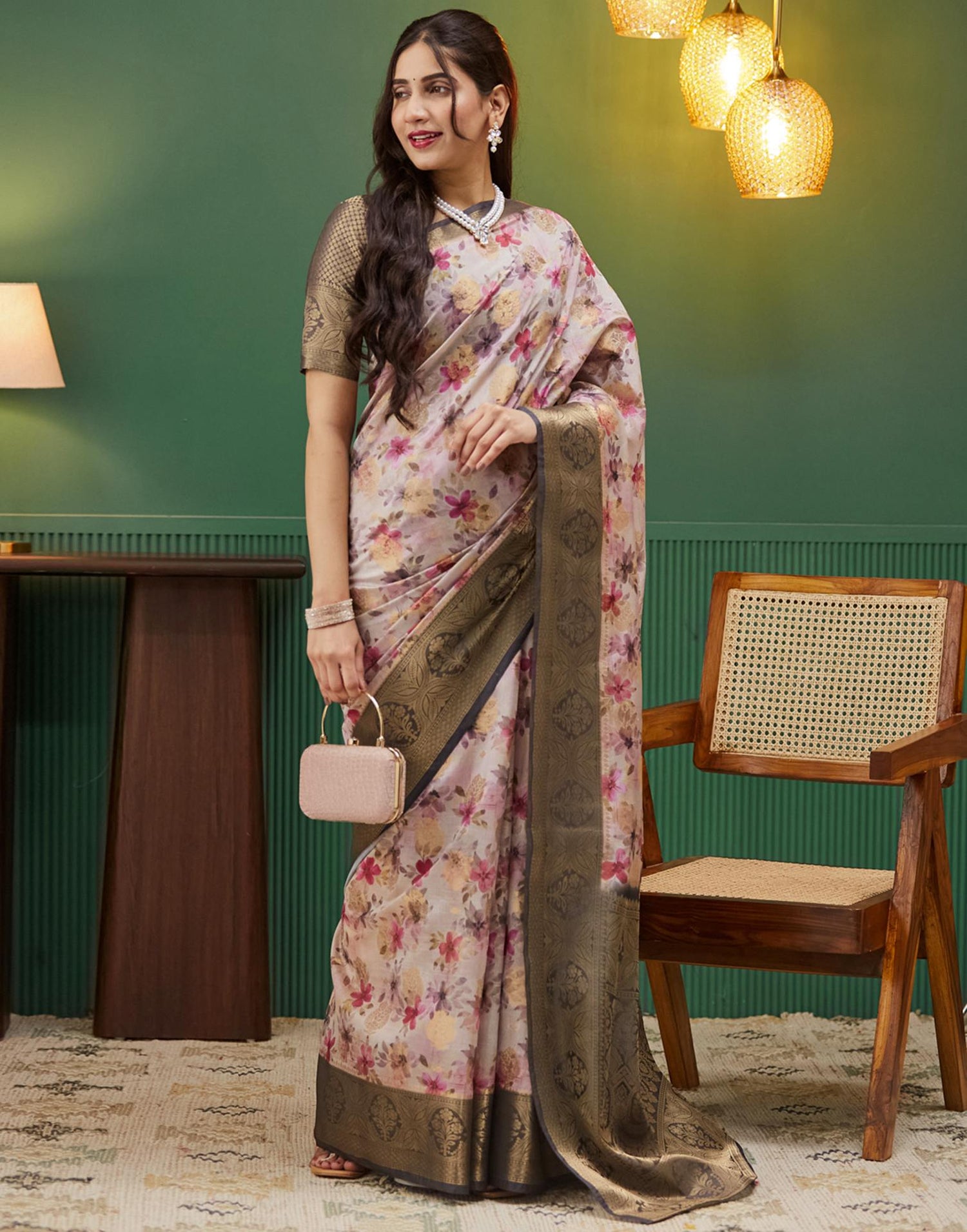 Dark Brown Silk Printed Woven Saree
