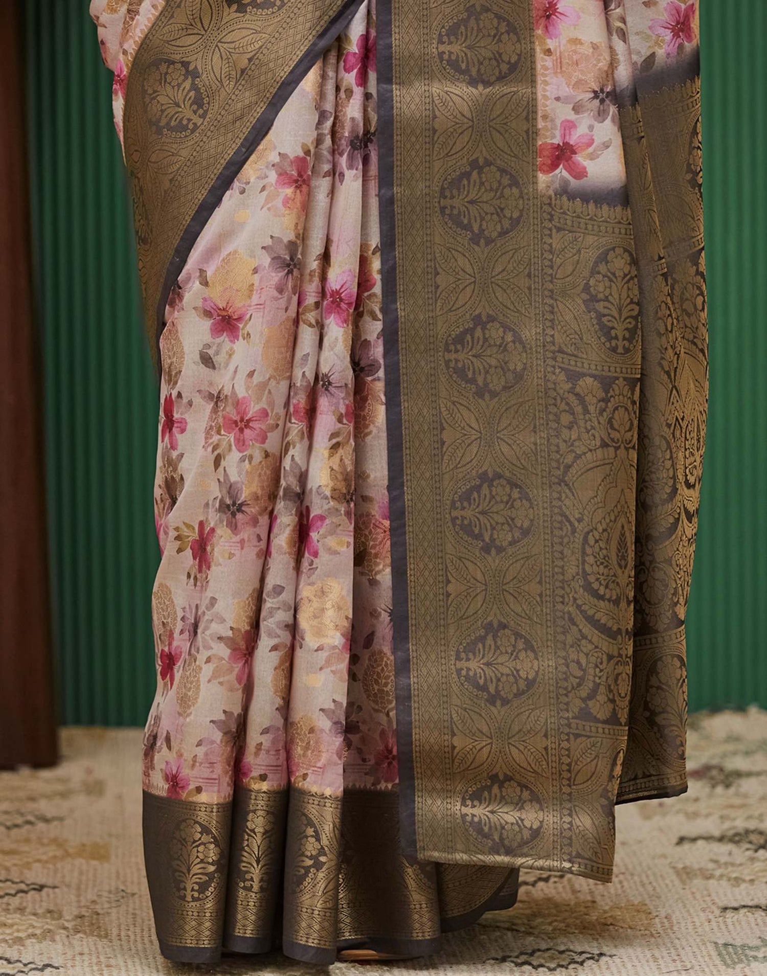 Dark Brown Silk Printed Woven Saree