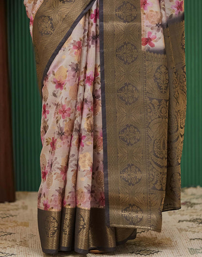 Dark Brown Silk Printed Woven Saree