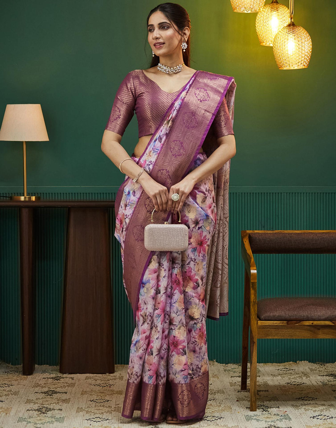 Purple Silk Printed Woven Saree