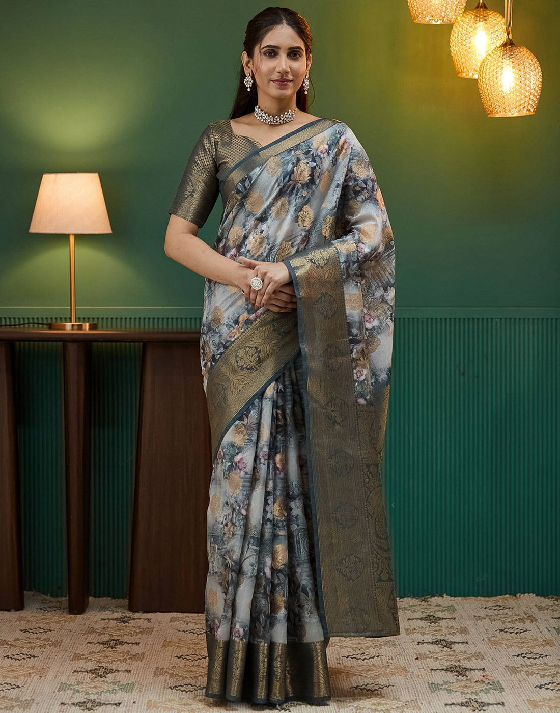 Dark Grey Silk Printed Woven Saree