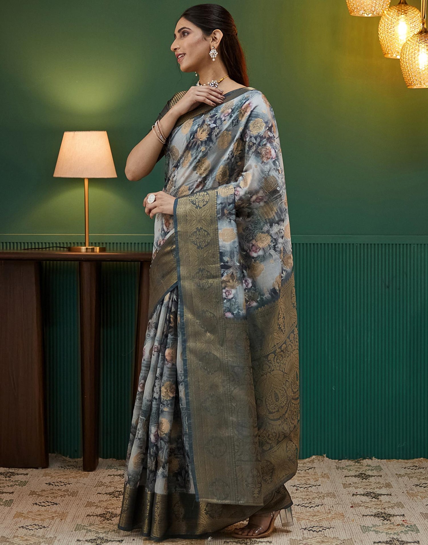 Dark Grey Silk Printed Woven Saree
