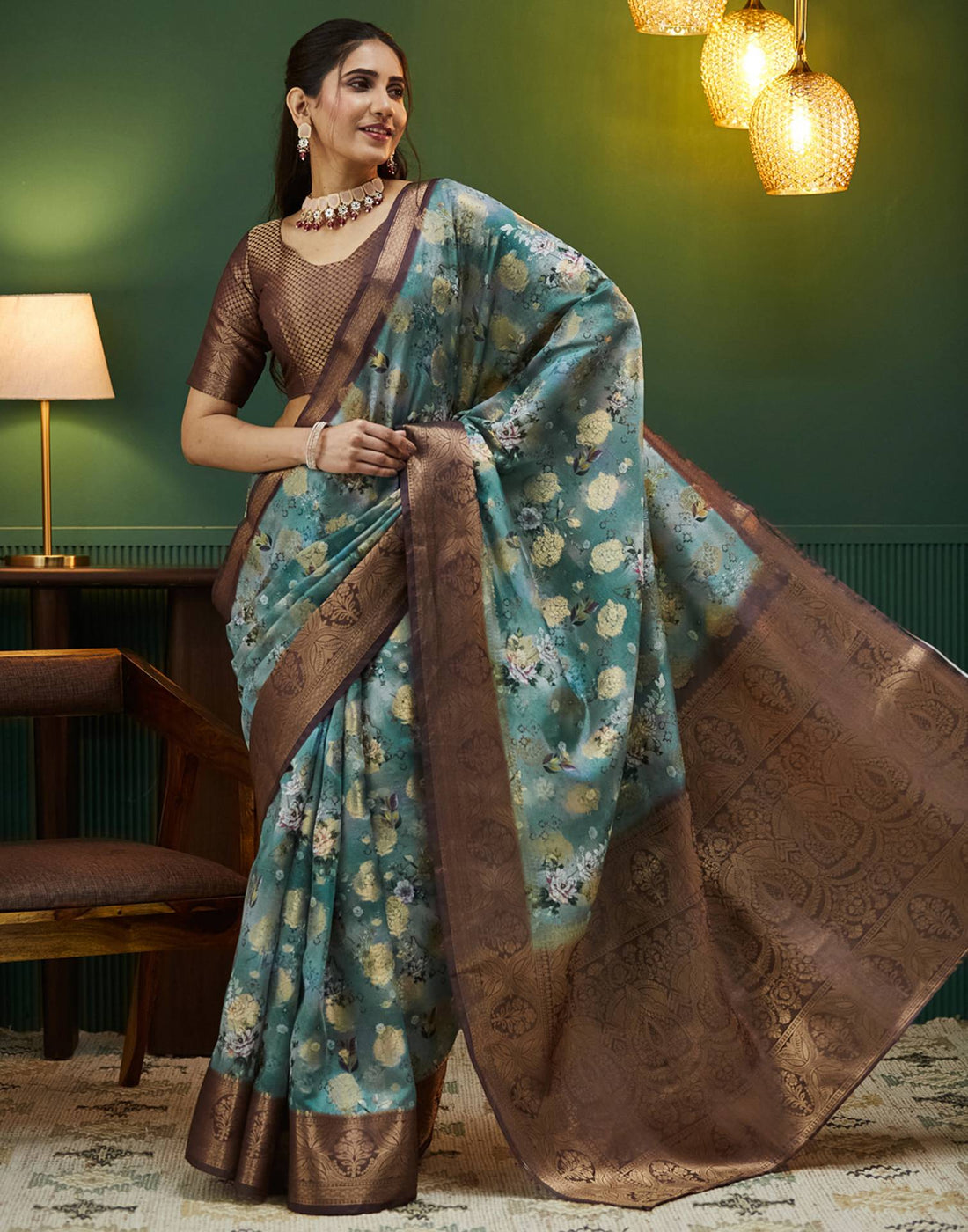 Brown Silk Printed Woven Saree