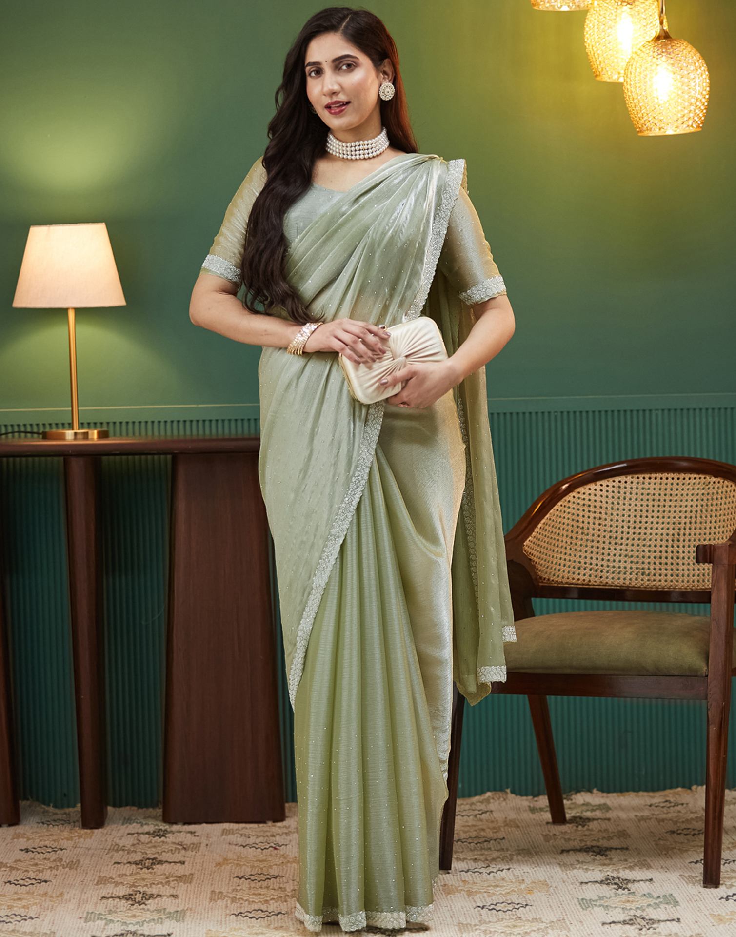 Pista Green Shimmer Chiffon Stone Work Embellished Saree