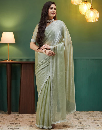 Pista Green Shimmer Chiffon Stone Work Embellished Saree
