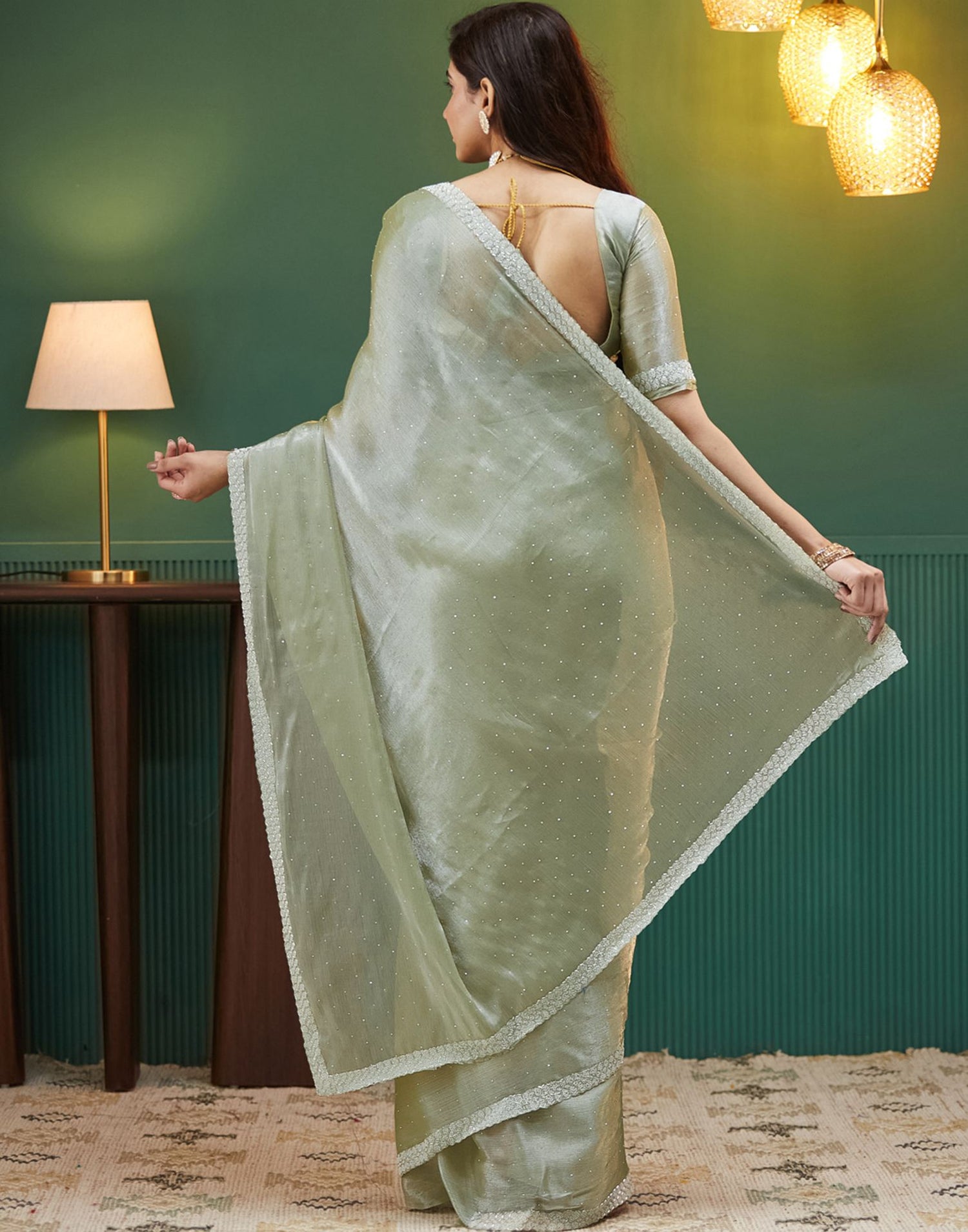 Pista Green Shimmer Chiffon Stone Work Embellished Saree