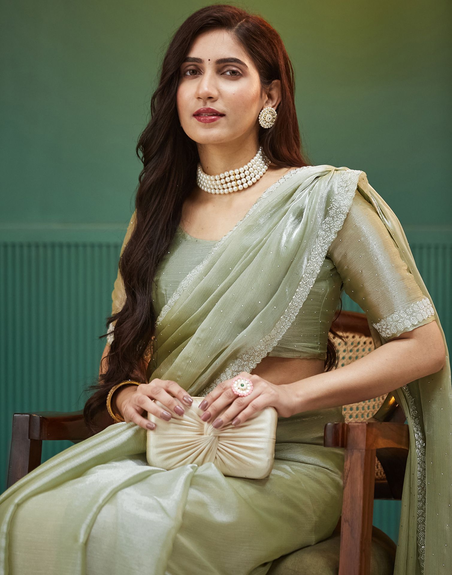 Pista Green Shimmer Chiffon Stone Work Embellished Saree