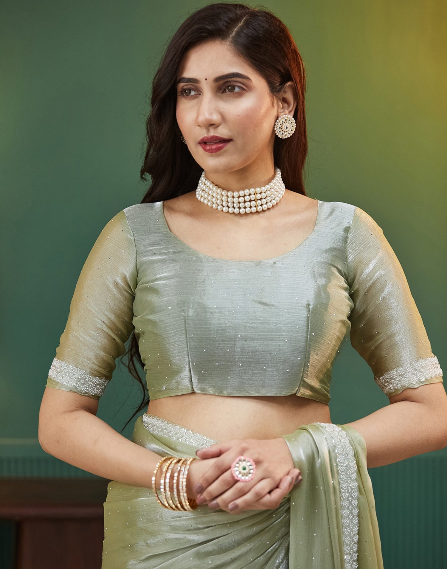 Pista Green Shimmer Chiffon Stone Work Embellished Saree