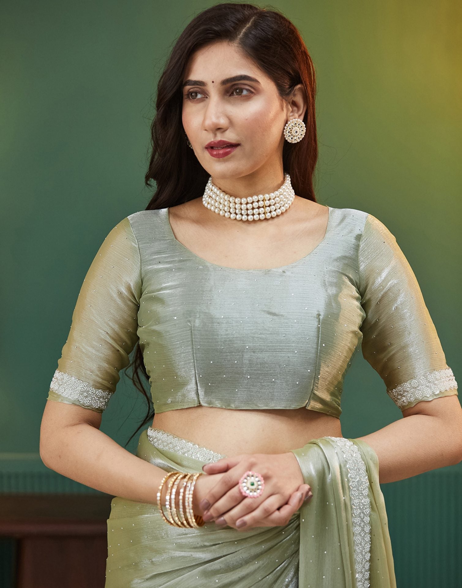 Pista Green Shimmer Chiffon Stone Work Embellished Saree