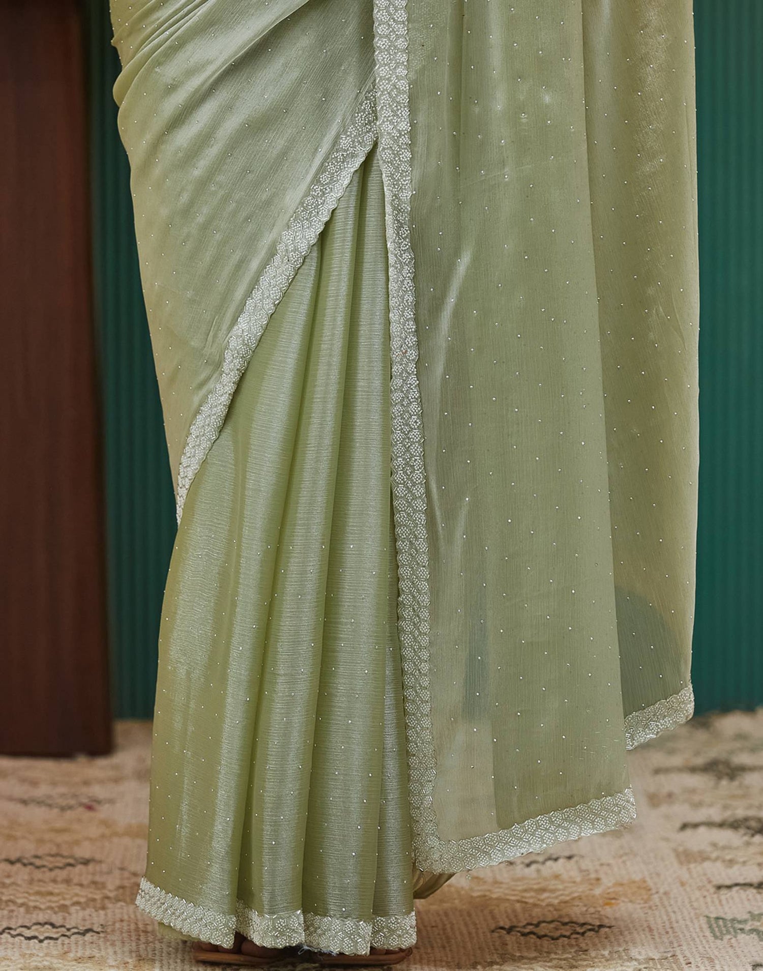 Pista Green Shimmer Chiffon Stone Work Embellished Saree