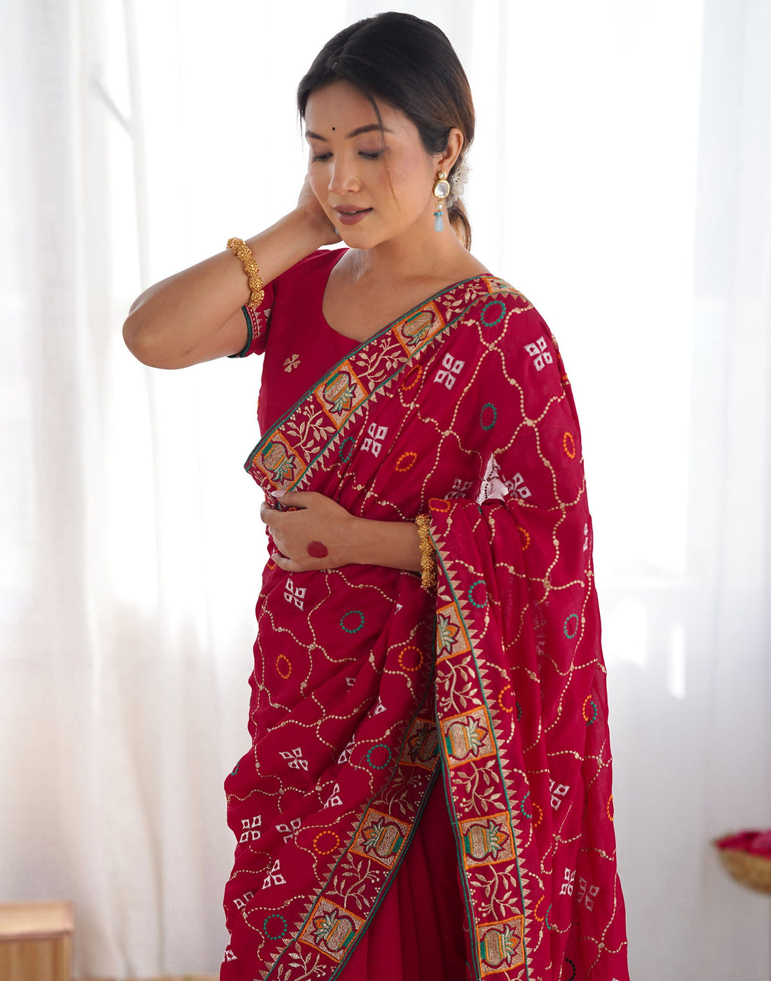 Dark Pink Vichitra Silk Embroidery Saree