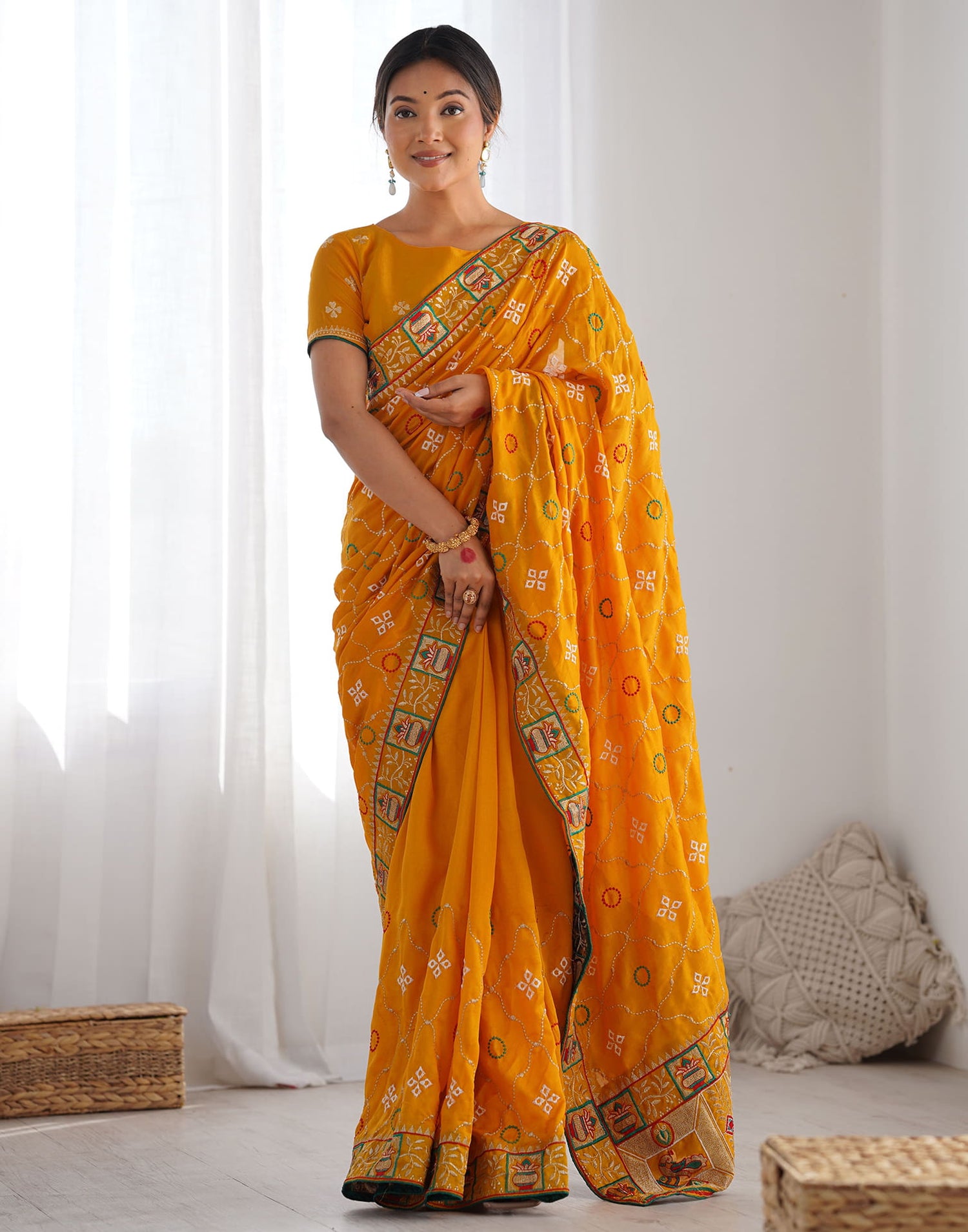 Yellow Vichitra Silk Embroidery Saree