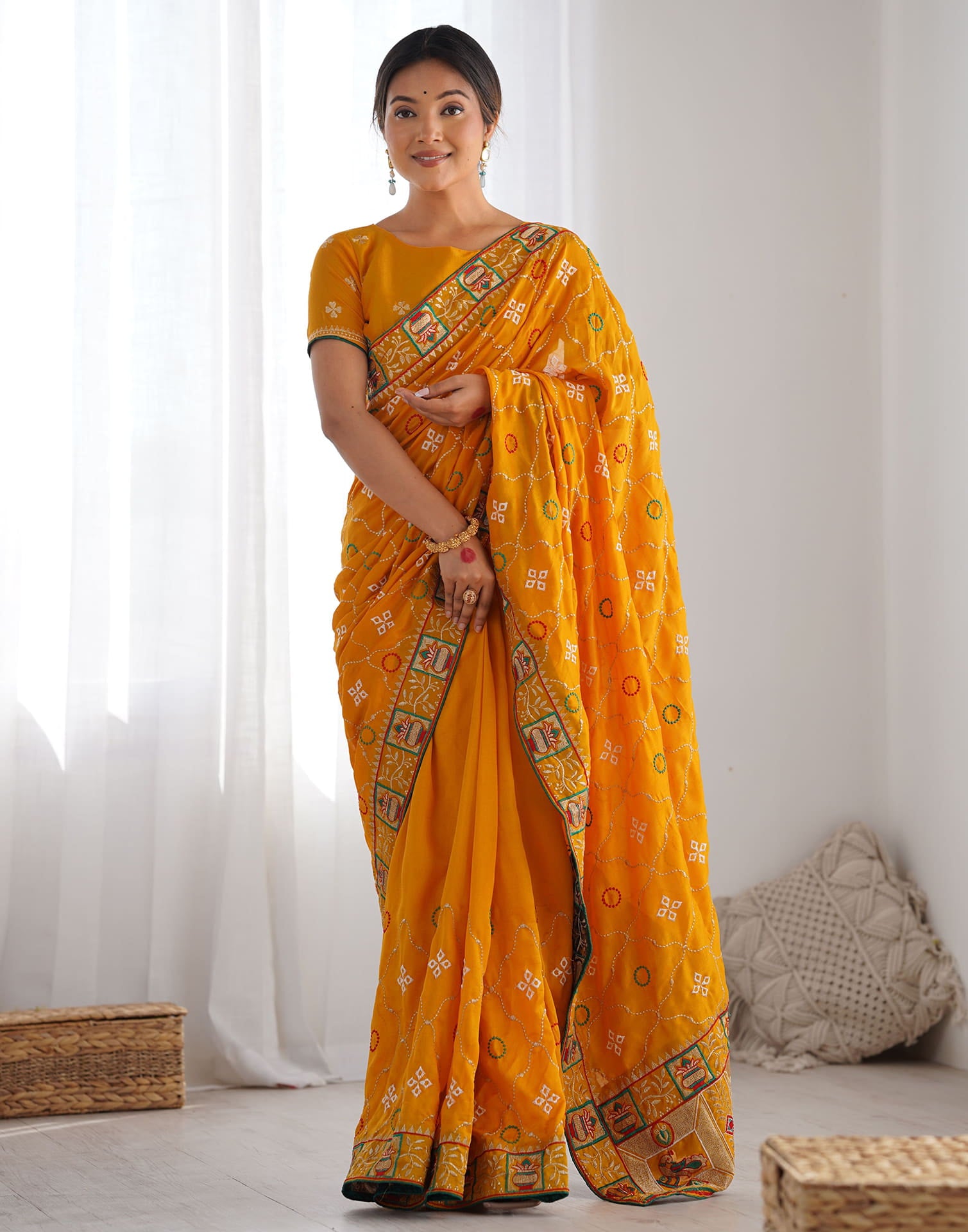 Yellow Vichitra Silk Embroidery Saree