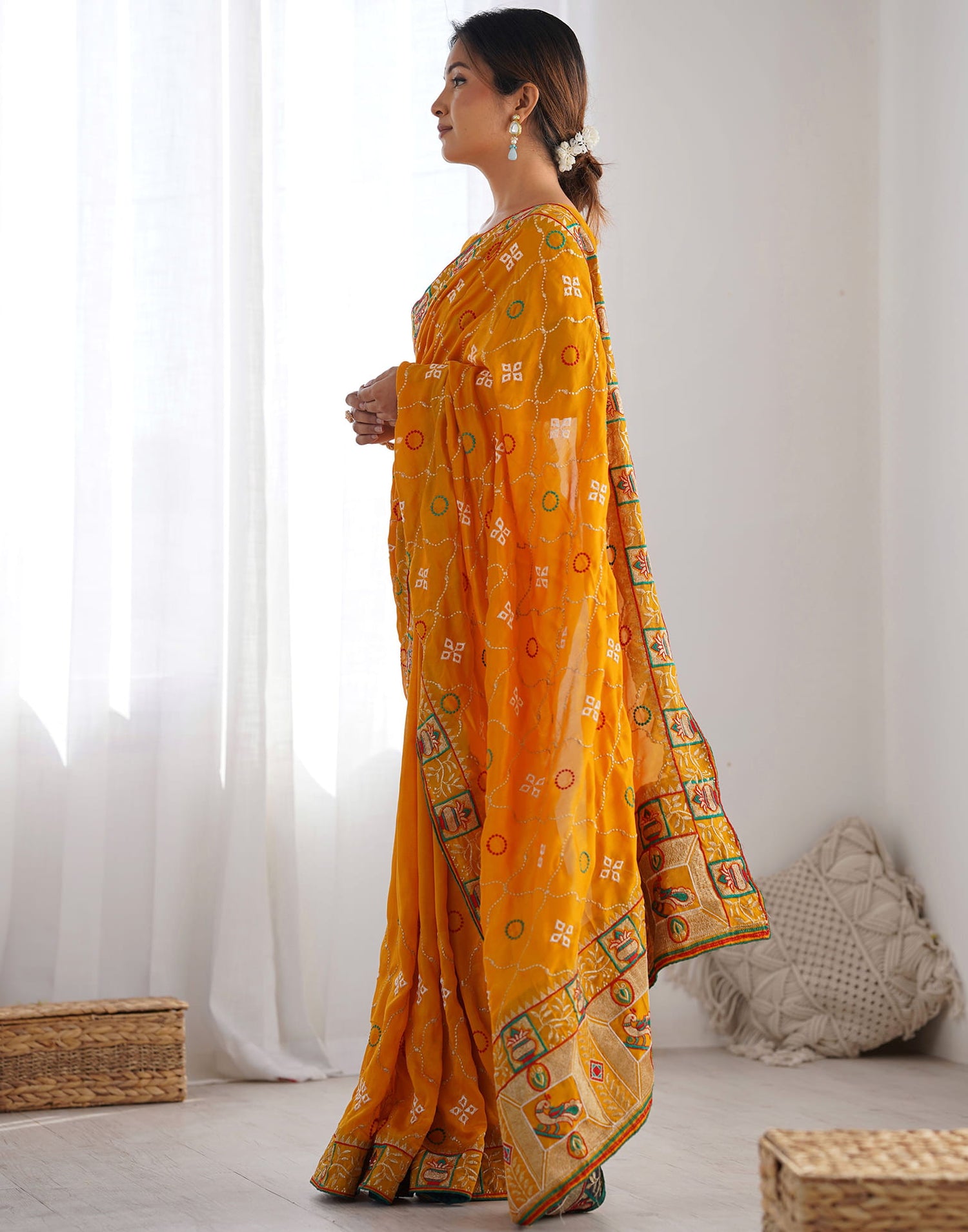 Yellow Vichitra Silk Embroidery Saree