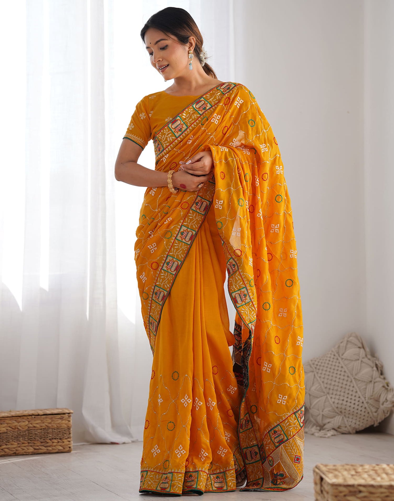 Yellow Vichitra Silk Embroidery Saree