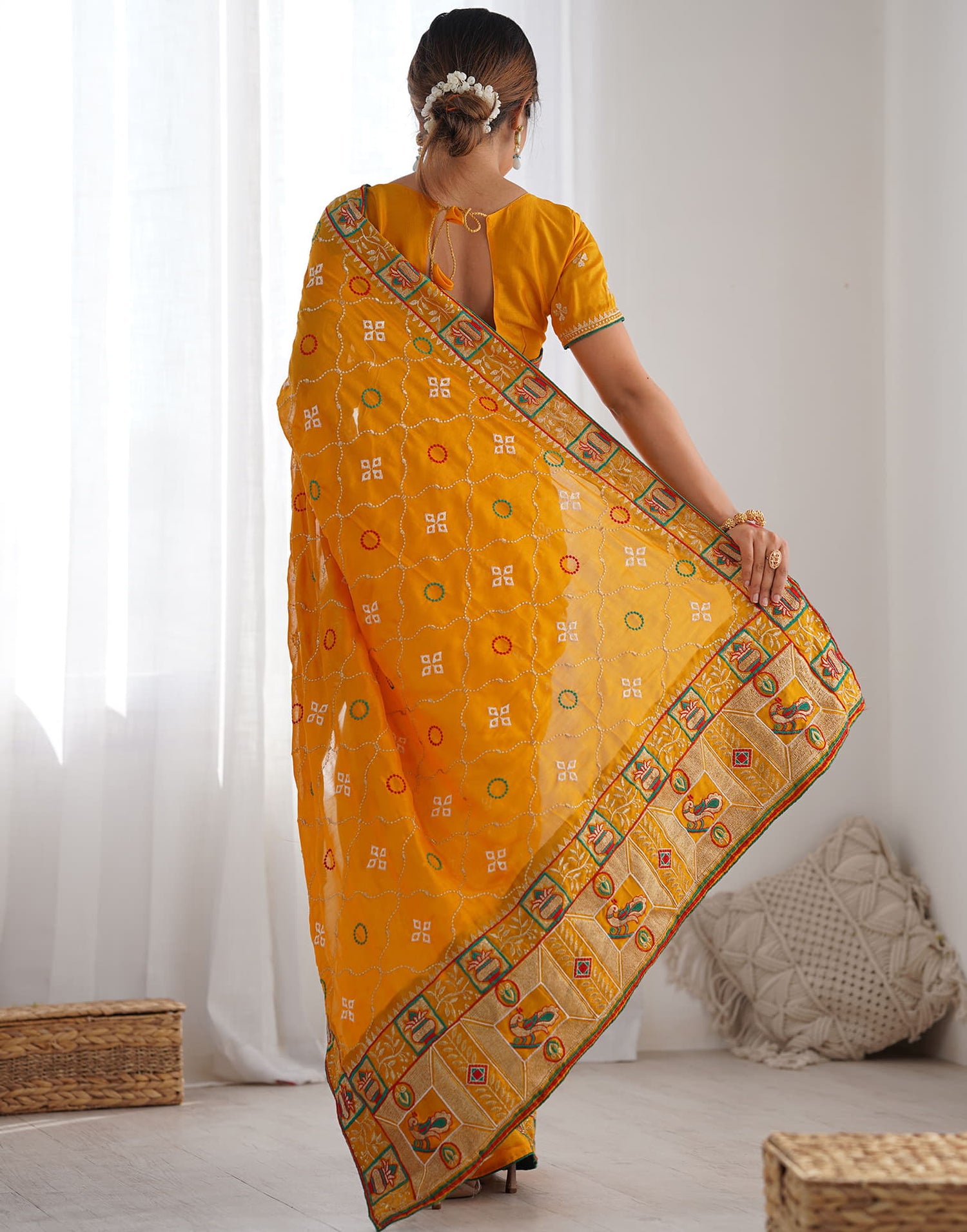 Yellow Vichitra Silk Embroidery Saree