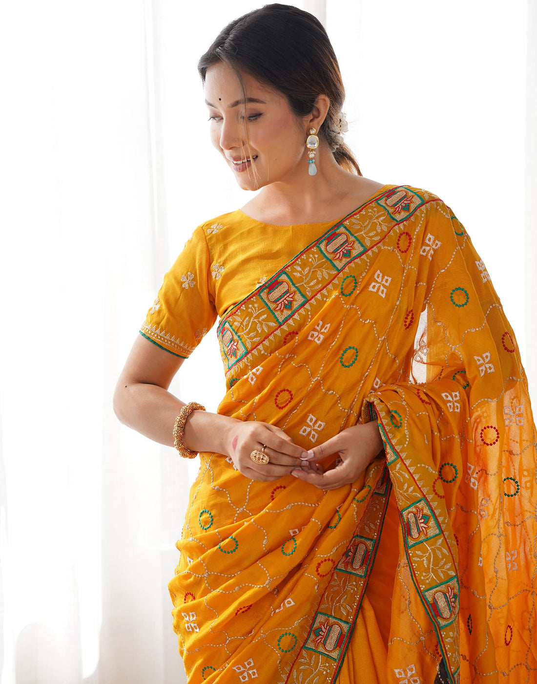 Yellow Vichitra Silk Embroidery Saree