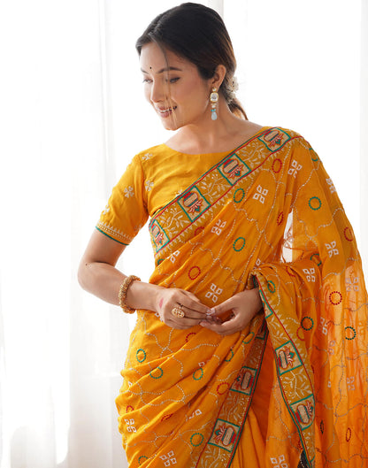 Yellow Vichitra Silk Embroidery Saree