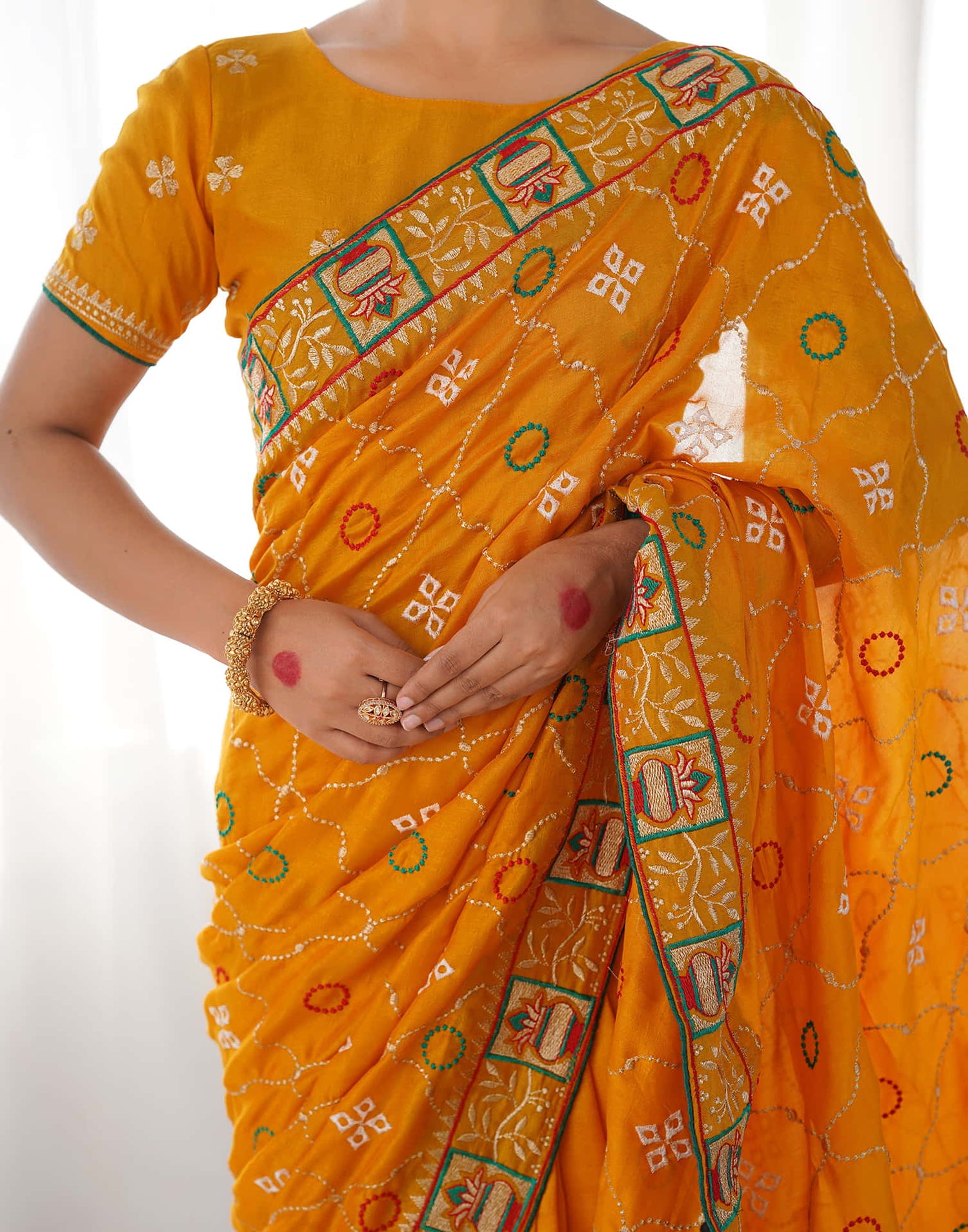 Yellow Vichitra Silk Embroidery Saree
