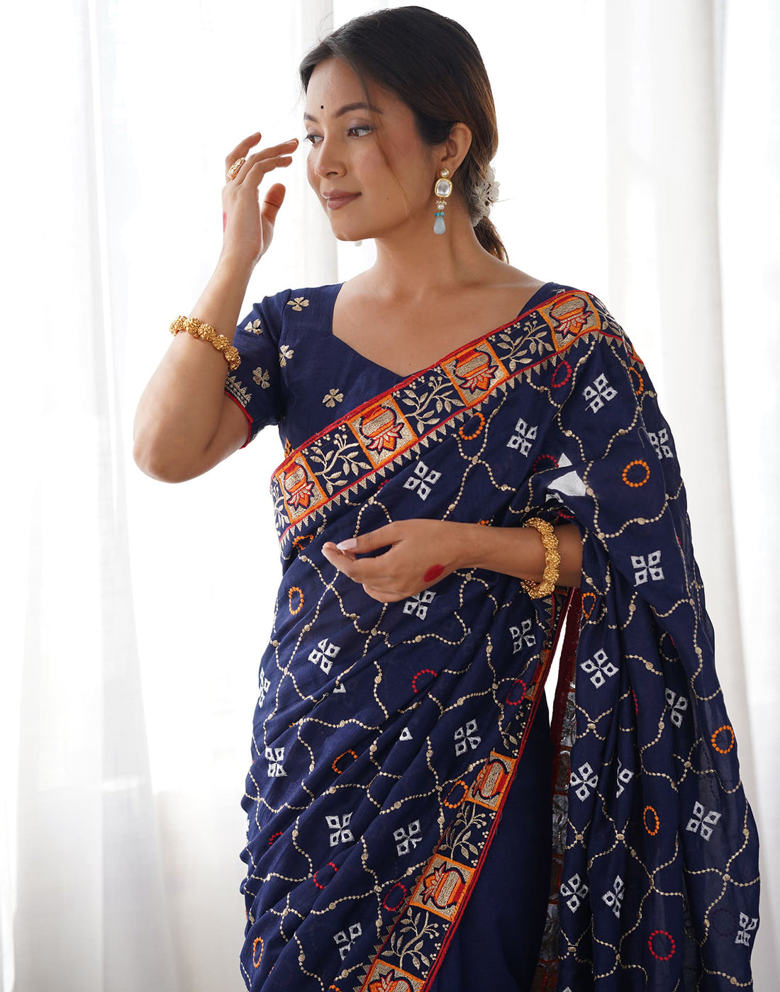 Navy Blue Vichitra Silk Embroidery Saree