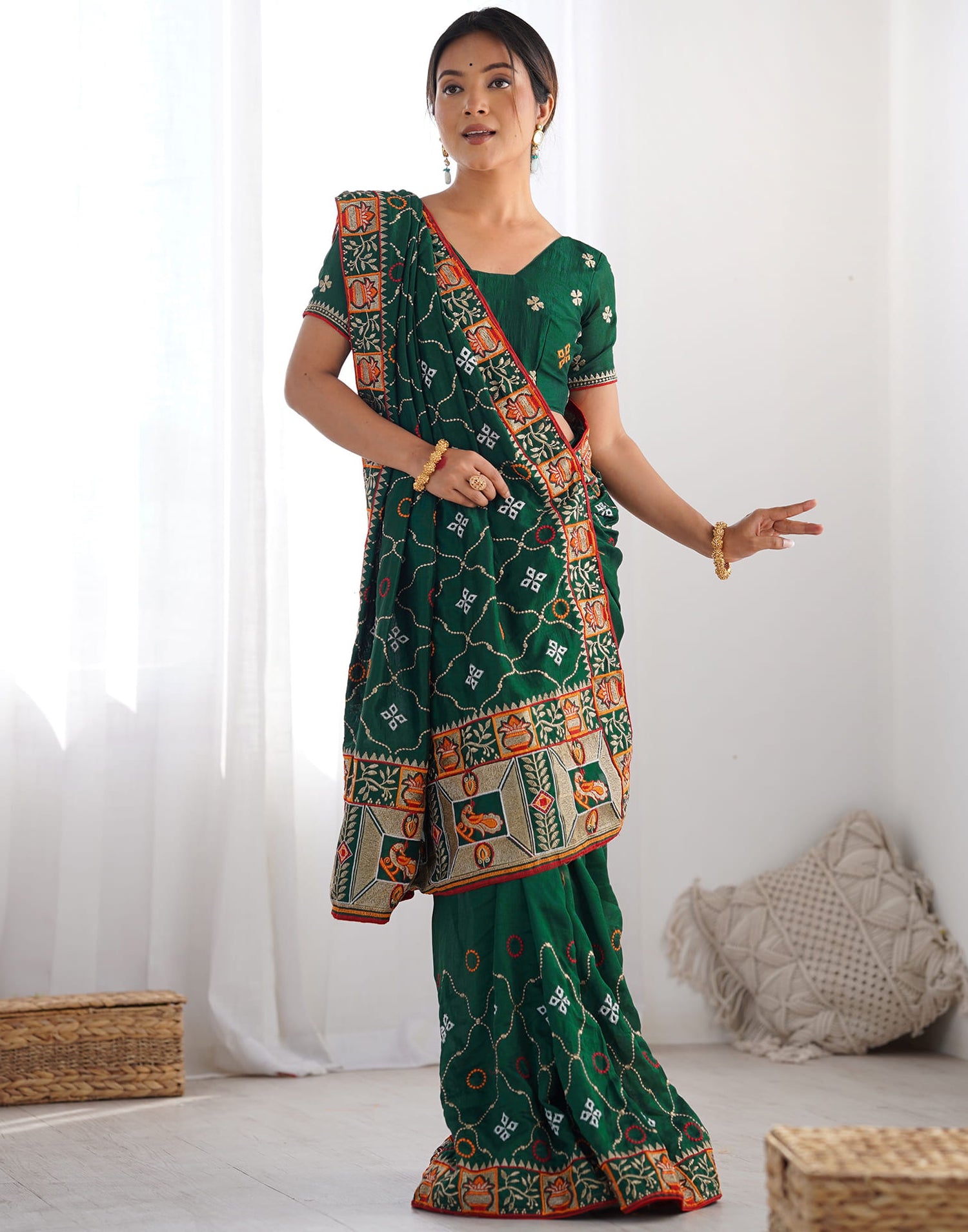 Dark Green Vichitra Silk Embroidery Saree