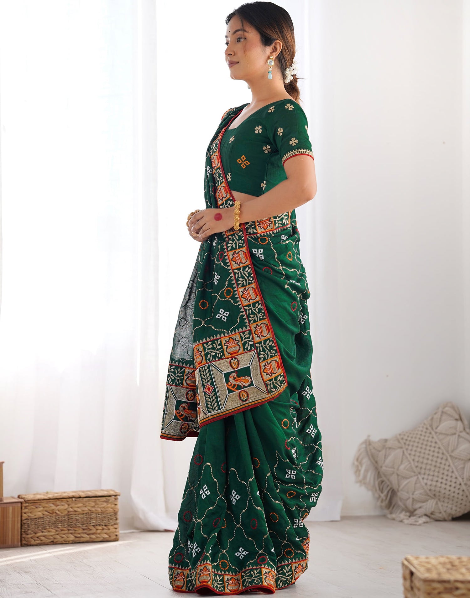 Dark Green Vichitra Silk Embroidery Saree