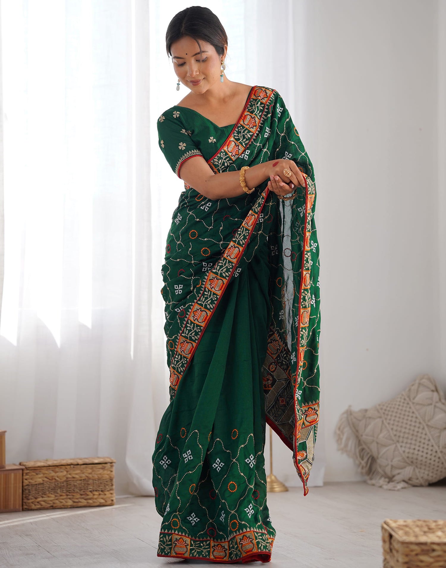 Dark Green Vichitra Silk Embroidery Saree